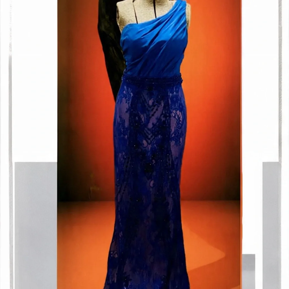 Blue One-shoulder Tarik Ediz. Like new condition with extra beads included. - Picture 2 of 3